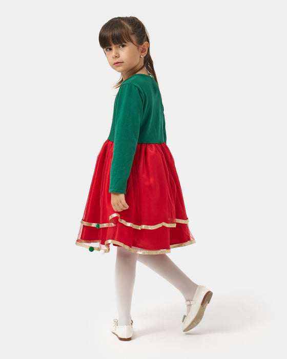 Yeni Yıl Happy Chirstmas Baskılı Saten Detaylı ve Ponponlu Kız Çocuk Elbise (4-7 Yaş)