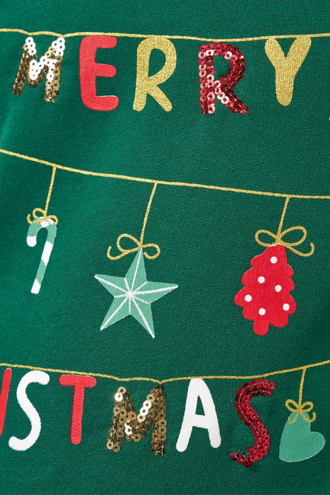 Yeni Yıl Merry Chirstmas Baskılı Tüllü Kız Çocuk Elbise (4-7 Yaş)