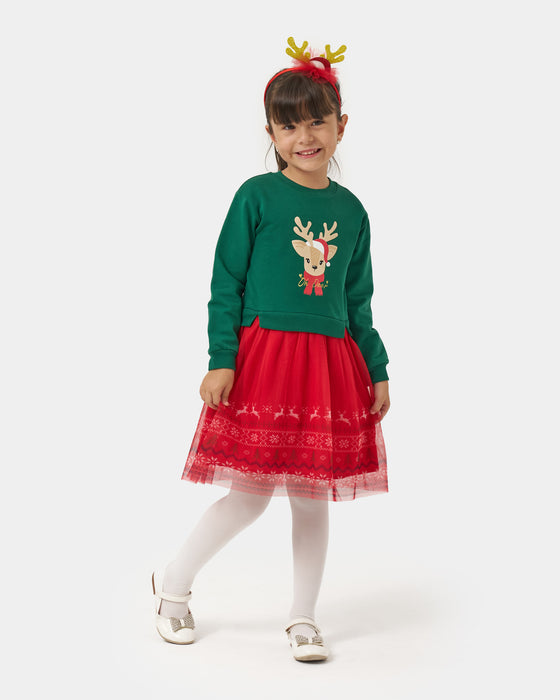 Yeni Yıl Oh Deer Baskılı Geyik Detaylı Taçlı Kız Çocuk Elbise (4-7 Yaş)