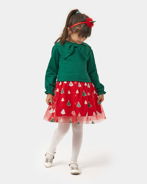 Yeni Yıl Fiyonk Yakalı Baskılı Tüllü Kız Çocuk Elbise (4-7 Yaş)