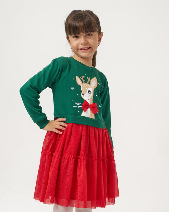 Yeni Yıl Geyik Baskılı Simli Tüllü Kız Çocuk Elbise (4-7 Yaş)