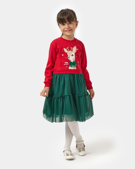 Yeni Yıl Geyik Baskılı Simli Tüllü Kız Çocuk Elbise (4-7 Yaş)