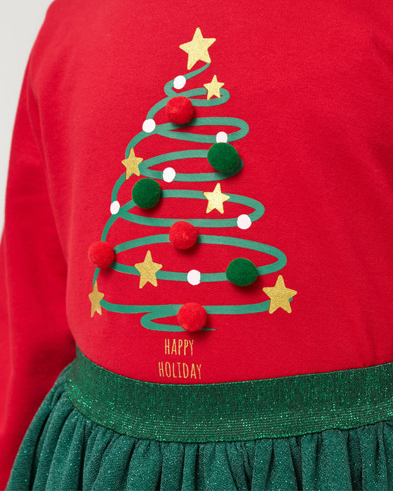 Yeni Yıl Happy Holiday Baskılı Ponponlu Simli Etekli Kız Çocuk İkili Takım (5-8 Yaş)