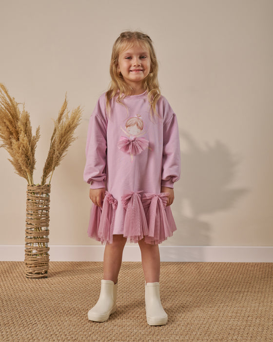 Kız Çocuk Tül Detaylı Baskılı Elbise (3-6 Yaş)