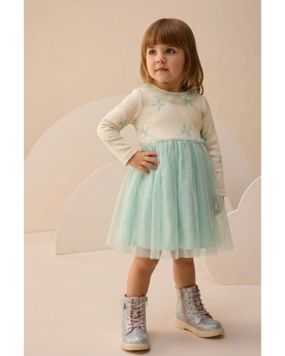 Fiyonk Desenli Yakası Fırfırlı Tüllü Kız Çocuk Elbise (3-6 Yaş)