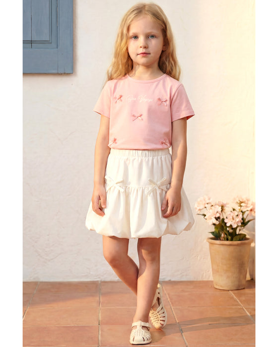 Kız Çocuk Fiyonk Detaylı Tişört Balon Etekli Takım (3-7 Yaş)