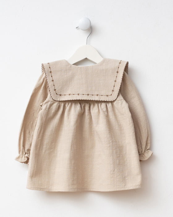Yakası Nakışlı Çantalı Bayramlık Keten Kız Bebek Elbise (6-9 Ay / 2-3 Yaş)