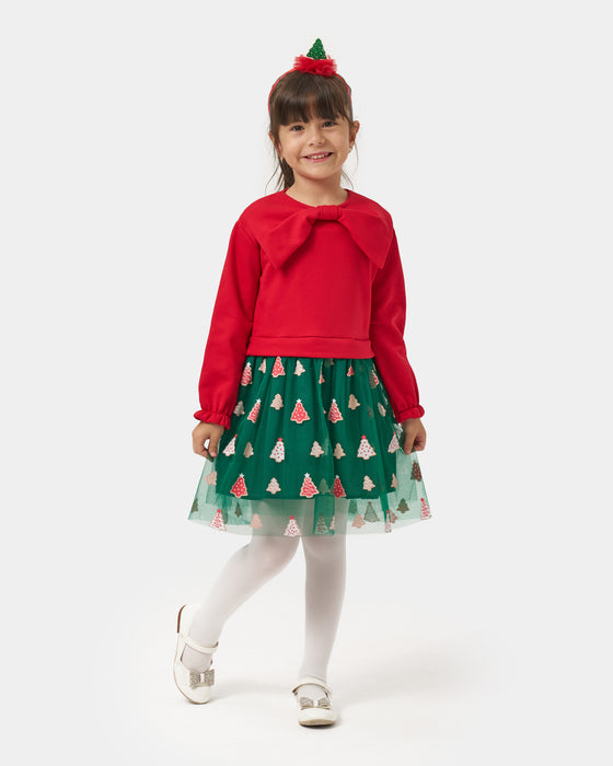 Yeni Yıl Fiyonk Yakalı Baskılı Tüllü Kız Çocuk Elbise (4-7 Yaş)