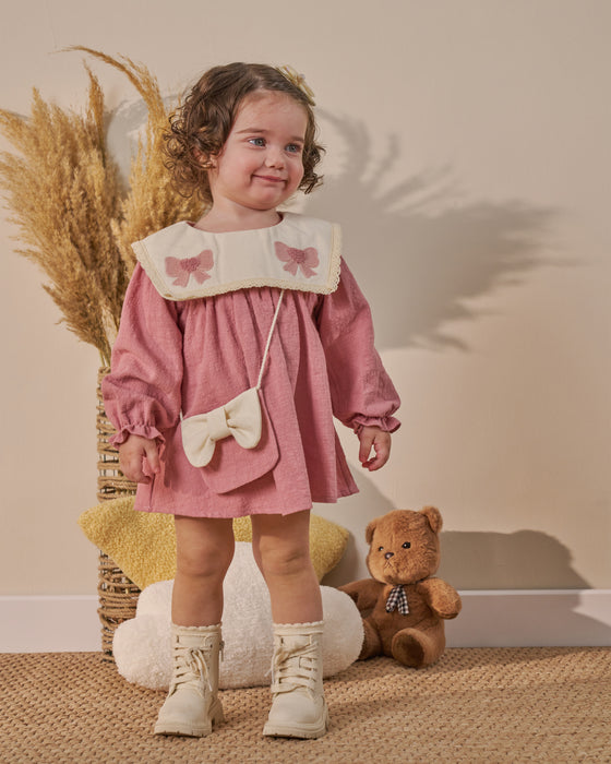 Nakış Detaylı Bebe Yaka Çantalı Bayramlık Keten Kız Bebek Elbise (6-9 Ay / 2-3 Yaş)