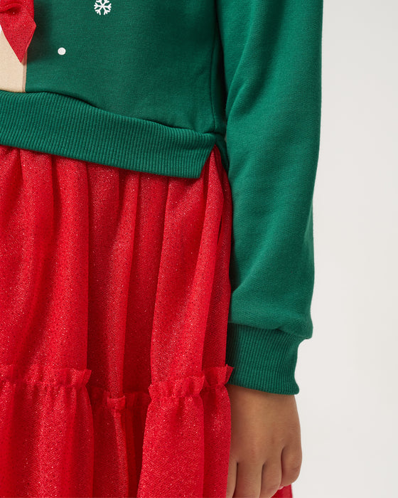 Yeni Yıl Geyik Baskılı Simli Tüllü Kız Çocuk Elbise (4-7 Yaş)