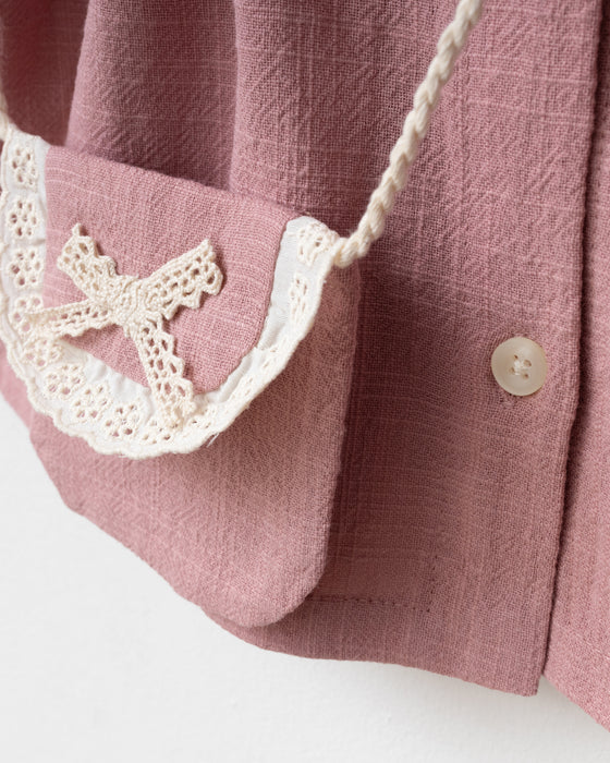 Dantel Detaylı Bebe Yaka Çantalı Bayramlık Keten Kız Bebek Elbise (9 Ay / 3 Yaş)