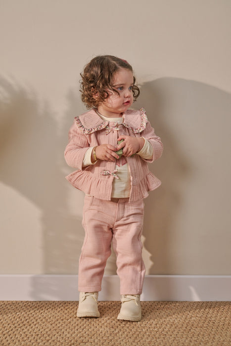 Fiyonk Detaylı Bebe Yaka Müslin 3’lü Bayramlık Kız Bebek Alt Üst Takım (9 Ay - 3 Yaş)