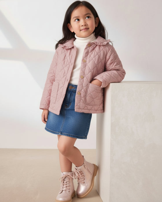 Desenli Cepli Düğmeli Kapitone Kız Çocuk Ceket (3-4 / 7-8)