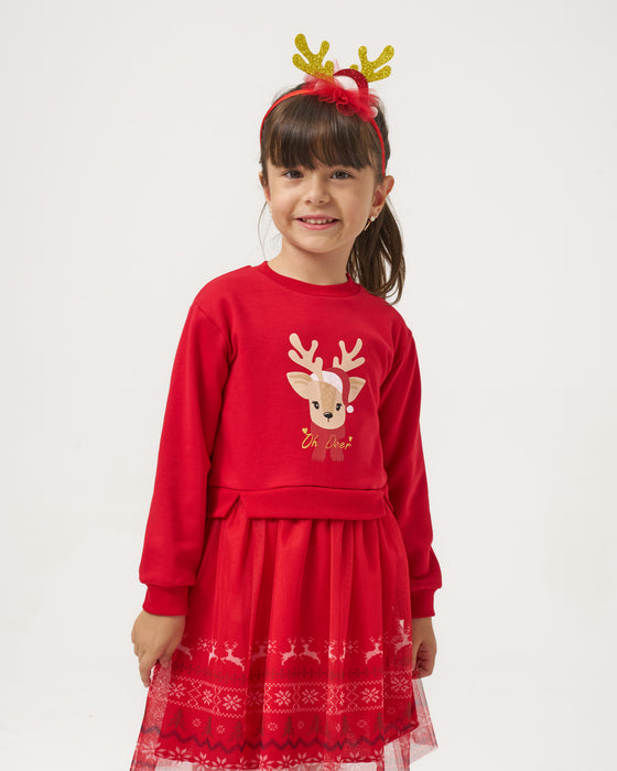 Yeni Yıl Oh Deer Baskılı Geyik Detaylı Taçlı Kız Çocuk Elbise (4-7 Yaş)