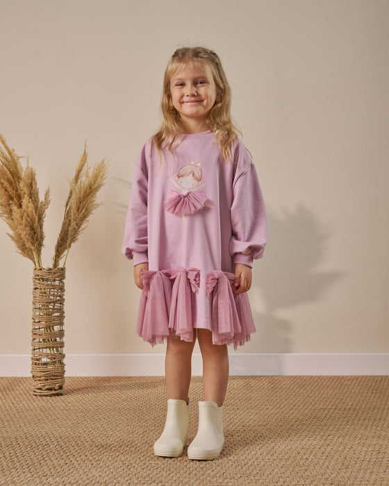 Kız Çocuk Tül Detaylı Baskılı Elbise (3-6 Yaş)