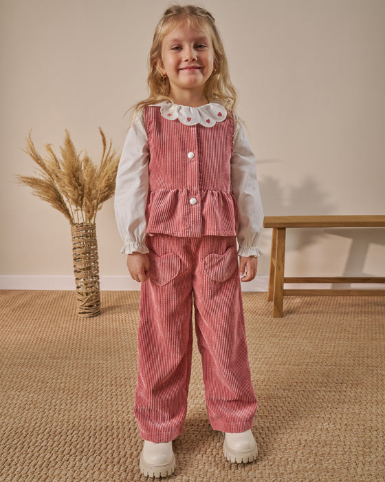 Kalp Cep Detaylı Fitilli Kadife 3’lü Bayramlık Kız Çocuk Alt Üst Takım ( 4-8 Yaş)