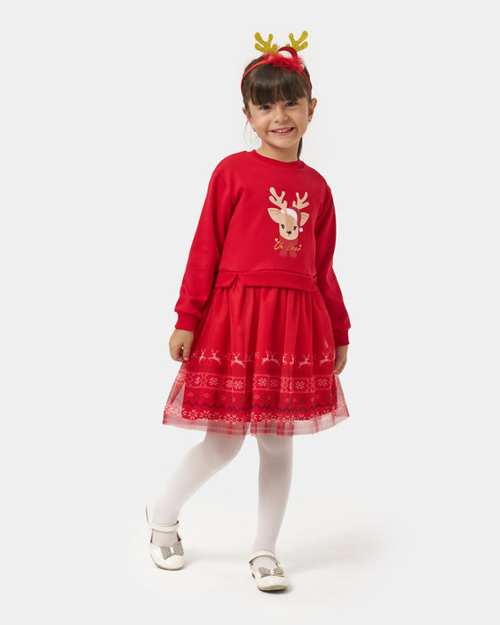 Yeni Yıl Oh Deer Baskılı Geyik Detaylı Taçlı Kız Çocuk Elbise (4-7 Yaş)