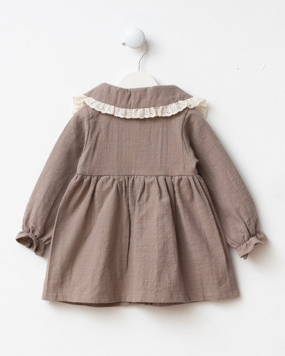 Dantel Detaylı Bebe Yaka Çantalı Bayramlık Keten Kız Bebek Elbise (9 Ay / 3 Yaş)