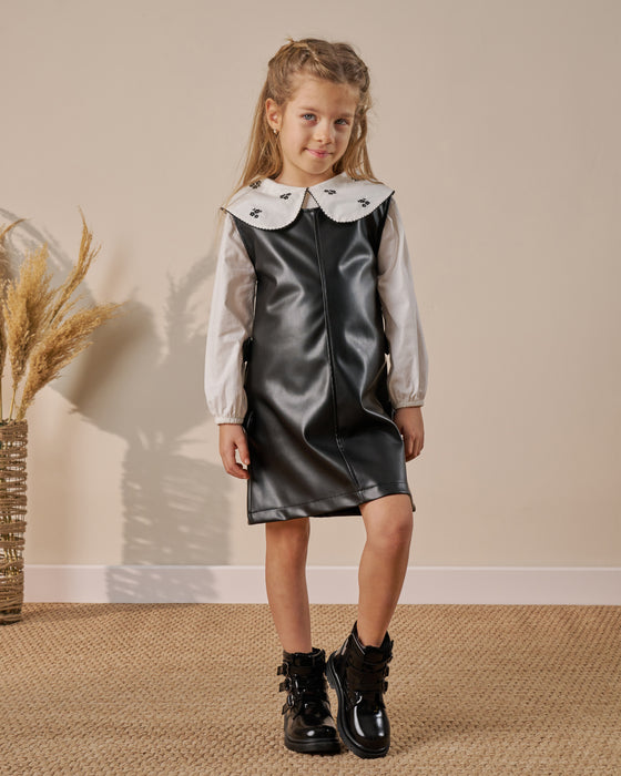 Kız Çocuk Deri Görünümlü Gömlekli Elbise (3-6 Yaş)