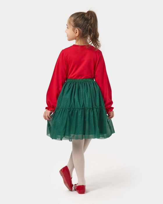 Yeni Yıl Happy Holiday Baskılı Ponponlu Simli Etekli Kız Çocuk İkili Takım (5-8 Yaş)