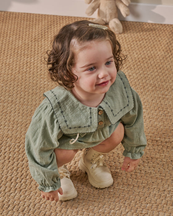 Yakası Nakışlı Çantalı Bayramlık Keten Kız Bebek Elbise (6-9 Ay / 2-3 Yaş)