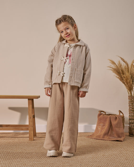 Fiyonk Detaylı Çizgili 3'lü Bayramlık Kız Çocuk Alt Üst Takım (4-7 Yaş)