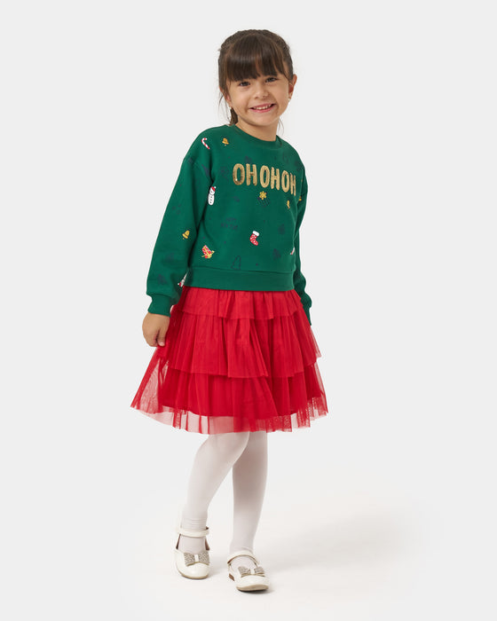 Yeni Yıl Oh Oh Oh Pul Nakışlı Üç Kat Tüllü Etekli Kız Çocuk İkili Takım (4-7 Yaş)