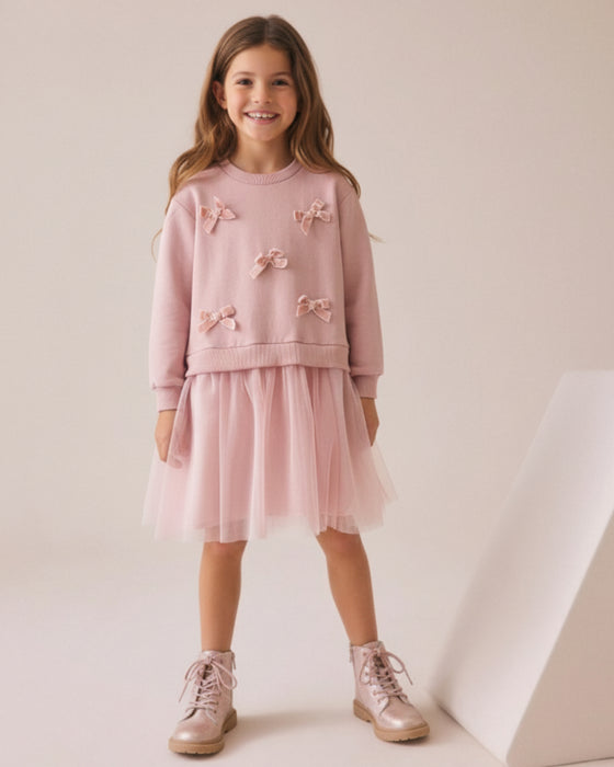 Kadife Fiyonk Detaylı Tüllü Kız Çocuk Elbise (3-4 / 6-7)