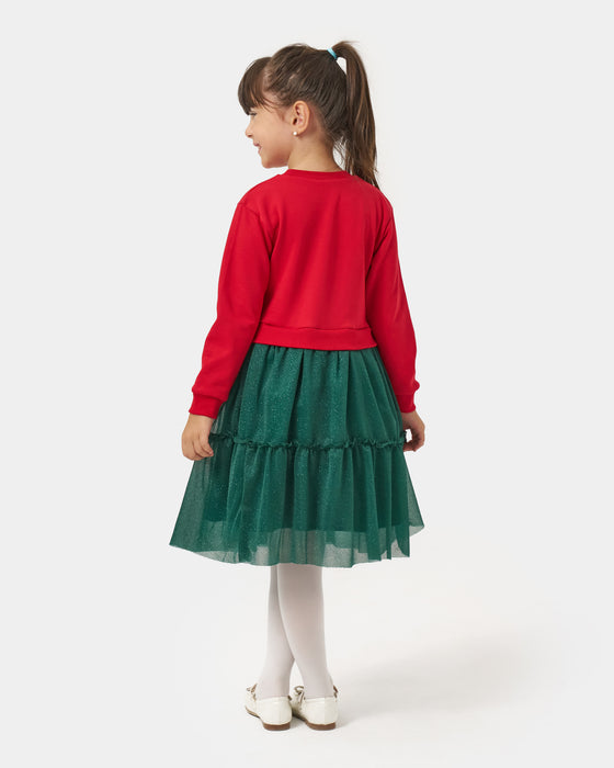 Yeni Yıl Geyik Baskılı Simli Tüllü Kız Çocuk Elbise (4-7 Yaş)