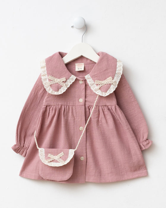 Dantel Detaylı Bebe Yaka Çantalı Bayramlık Keten Kız Bebek Elbise (9 Ay / 3 Yaş)
