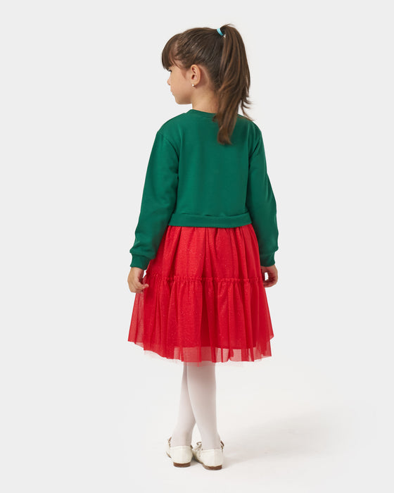 Yeni Yıl Geyik Baskılı Simli Tüllü Kız Çocuk Elbise (4-7 Yaş)