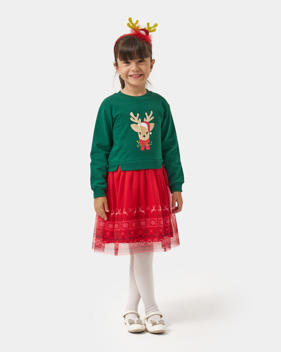 Yeni Yıl Oh Deer Baskılı Geyik Detaylı Taçlı Kız Çocuk Elbise (4-7 Yaş)