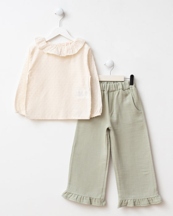Müslin Yelekli Fırfır Paça Pantolonlu  Bayramlık 3'lü Kız Çocuk Alt Üst Takım (3-6 Yaş)