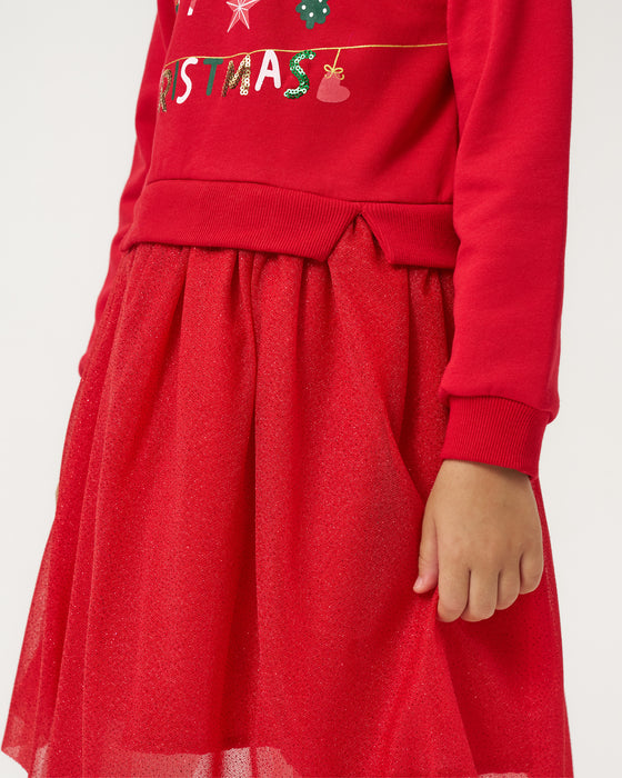 Yeni Yıl Merry Chirstmas Baskılı Tüllü Kız Çocuk Elbise (4-7 Yaş)