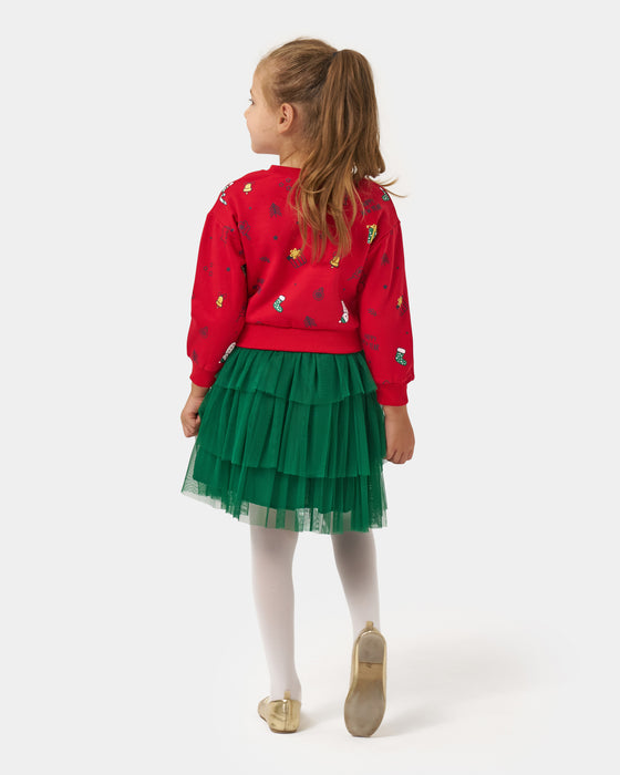 Yeni Yıl Oh Oh Oh Pul Nakışlı Üç Kat Tüllü Etekli Kız Çocuk İkili Takım (4-7 Yaş)