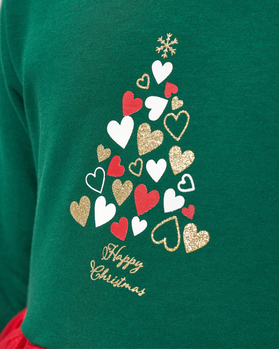 Yeni Yıl Happy Chirstmas Baskılı Saten Detaylı ve Ponponlu Kız Çocuk Elbise (4-7 Yaş)