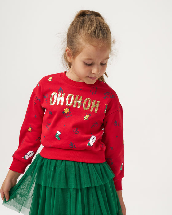 Yeni Yıl Oh Oh Oh Pul Nakışlı Üç Kat Tüllü Etekli Kız Çocuk İkili Takım (4-7 Yaş)