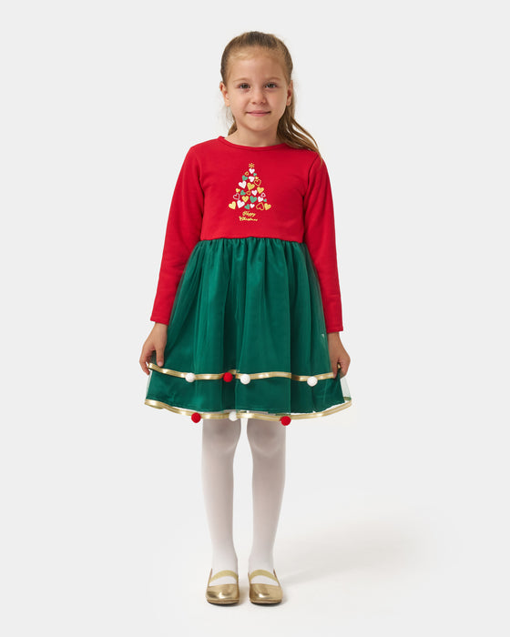 Yeni Yıl Happy Chirstmas Baskılı Saten Detaylı ve Ponponlu Kız Çocuk Elbise (4-7 Yaş)