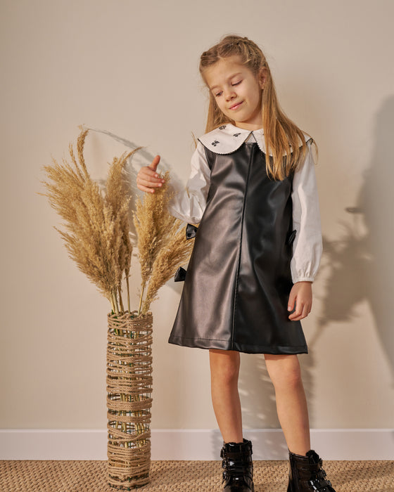Kız Çocuk Deri Görünümlü Gömlekli Elbise (3-6 Yaş)