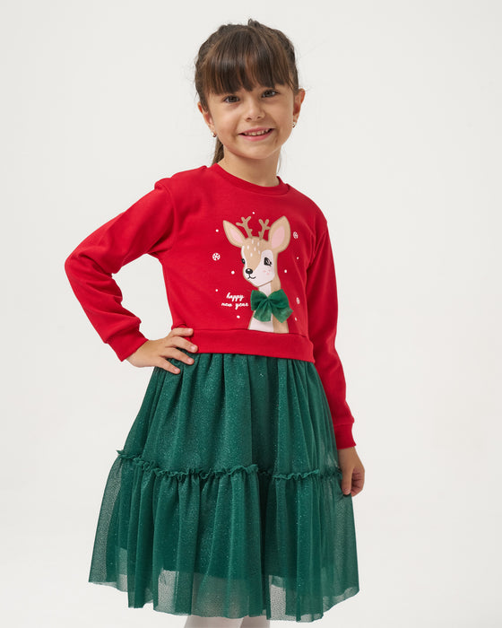 Yeni Yıl Geyik Baskılı Simli Tüllü Kız Çocuk Elbise (4-7 Yaş)