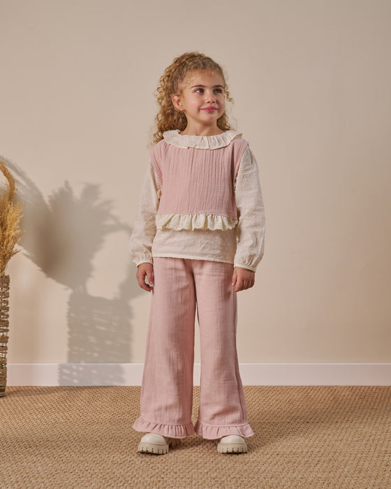 Müslin Yelekli Fırfır Paça Pantolonlu  Bayramlık 3'lü Kız Çocuk Alt Üst Takım (3-6 Yaş)