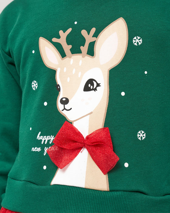 Yeni Yıl Geyik Baskılı Simli Tüllü Kız Çocuk Elbise (4-7 Yaş)