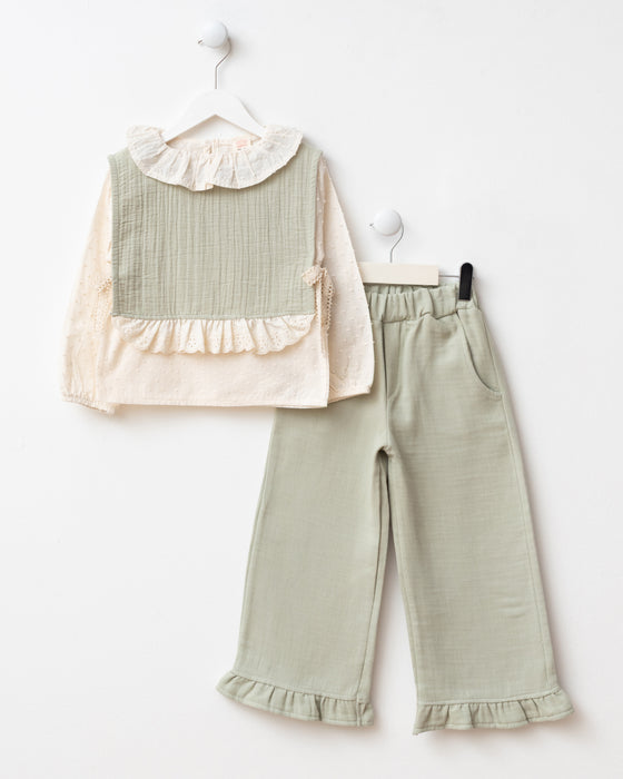 Müslin Yelekli Fırfır Paça Pantolonlu  Bayramlık 3'lü Kız Çocuk Alt Üst Takım (3-6 Yaş)