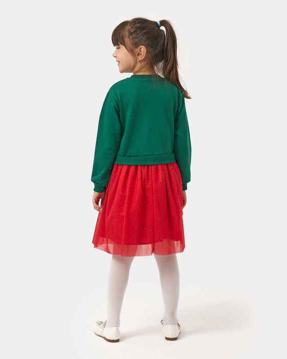 Yeni Yıl Merry Chirstmas Baskılı Tüllü Kız Çocuk Elbise (4-7 Yaş)