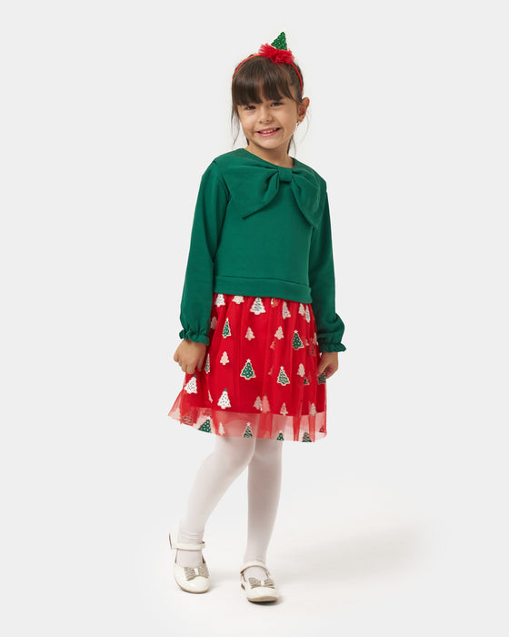 Yeni Yıl Fiyonk Yakalı Baskılı Tüllü Kız Çocuk Elbise (4-7 Yaş)
