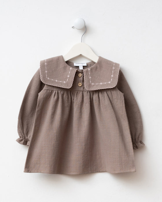 Yakası Nakışlı Çantalı Bayramlık Keten Kız Bebek Elbise (6-9 Ay / 2-3 Yaş)