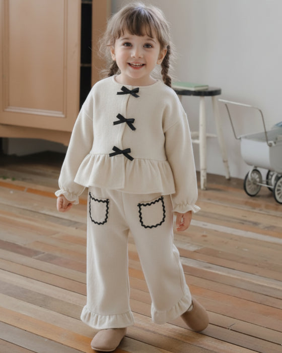 Kız Çocuk  Cepli Fiyonk Detaylı Alt Üst Takım (3-4 / 9-10)