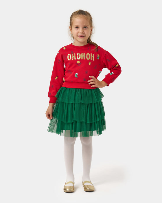 Yeni Yıl Oh Oh Oh Pul Nakışlı Üç Kat Tüllü Etekli Kız Çocuk İkili Takım (4-7 Yaş)