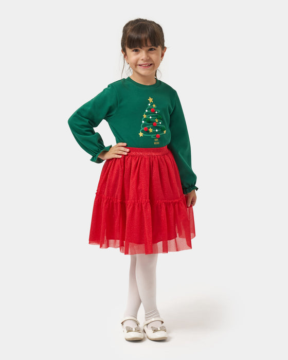 Yeni Yıl Happy Holiday Baskılı Ponponlu Simli Etekli Kız Çocuk İkili Takım (5-8 Yaş)