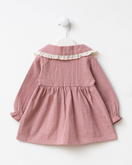Dantel Detaylı Bebe Yaka Çantalı Bayramlık Keten Kız Bebek Elbise (9 Ay / 3 Yaş)